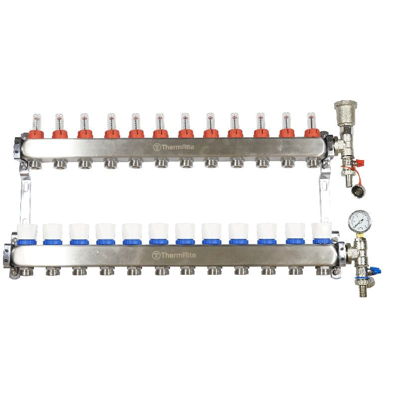 ThermRite™ Stainless Steel Dualmix UFH Manifold Assembly – Pre-Assembled with Flow Meters & Temp Gauges