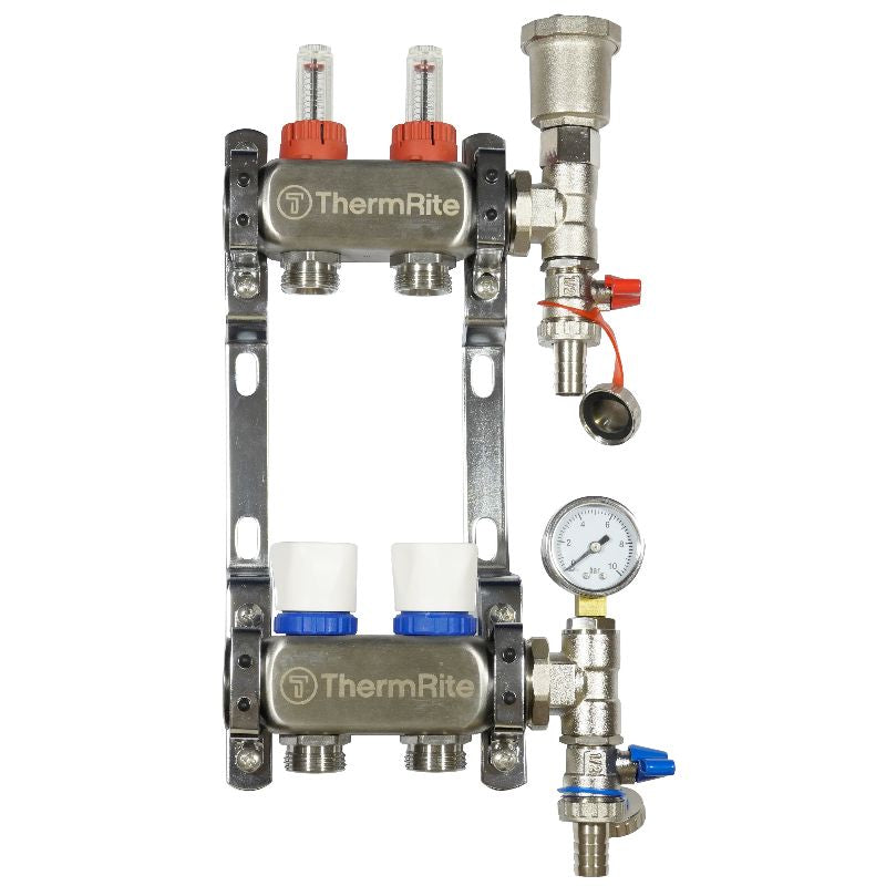 ThermRite™ Stainless Steel Dualmix UFH Manifold Assembly – Pre-Assembled with Flow Meters & Temp Gauges