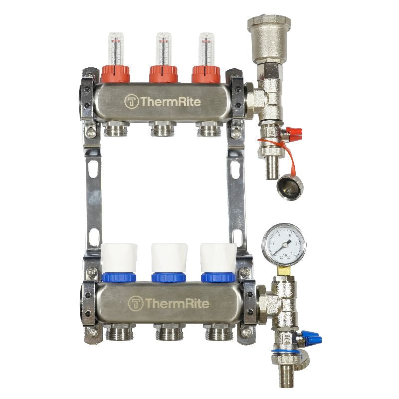 ThermRite™ Stainless Steel Dualmix UFH Manifold Assembly – Pre-Assembled with Flow Meters & Temp Gauges