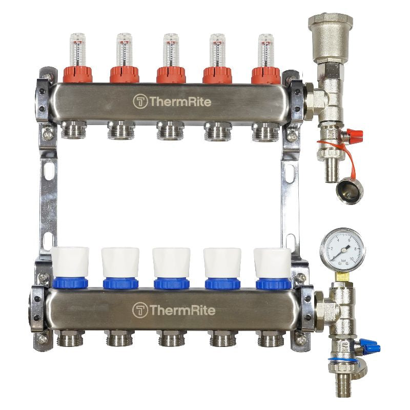 ThermRite™ Stainless Steel Dualmix UFH Manifold Assembly – Pre-Assembled with Flow Meters & Temp Gauges
