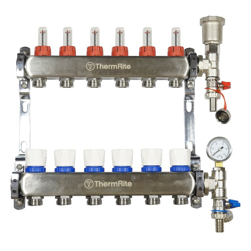 ThermRite™ Stainless Steel Dualmix UFH Manifold Assembly – Pre-Assembled with Flow Meters & Temp Gauges