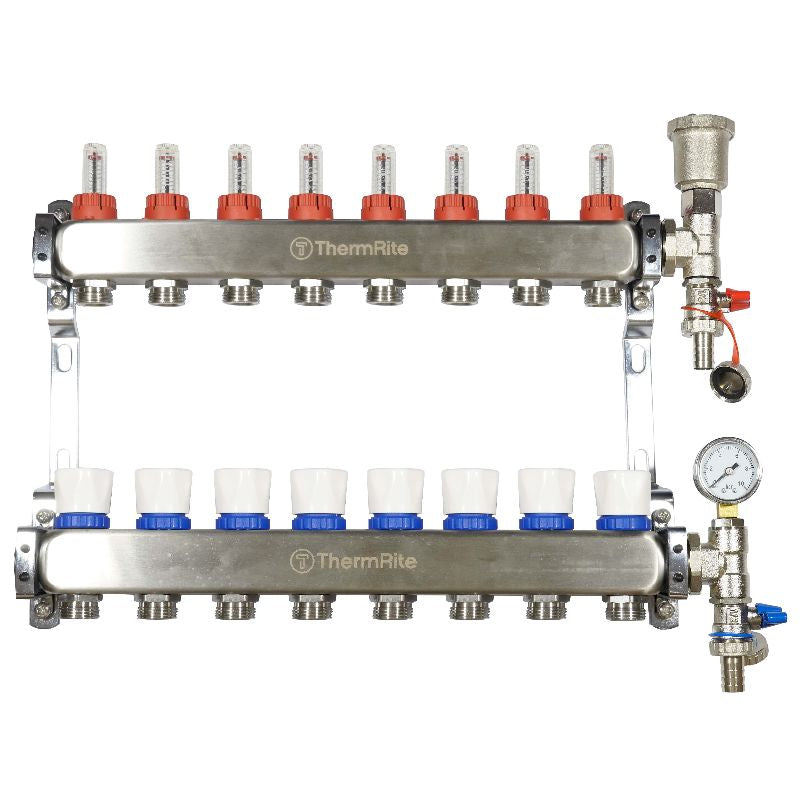 ThermRite™ Stainless Steel Dualmix UFH Manifold Assembly – Pre-Assembled with Flow Meters & Temp Gauges
