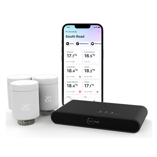 IMI Heatmiser neoFlo Smart Pack - neoflo x3 & neoHub G3 – App Controlled Smart Radiator Thermostats Bundle